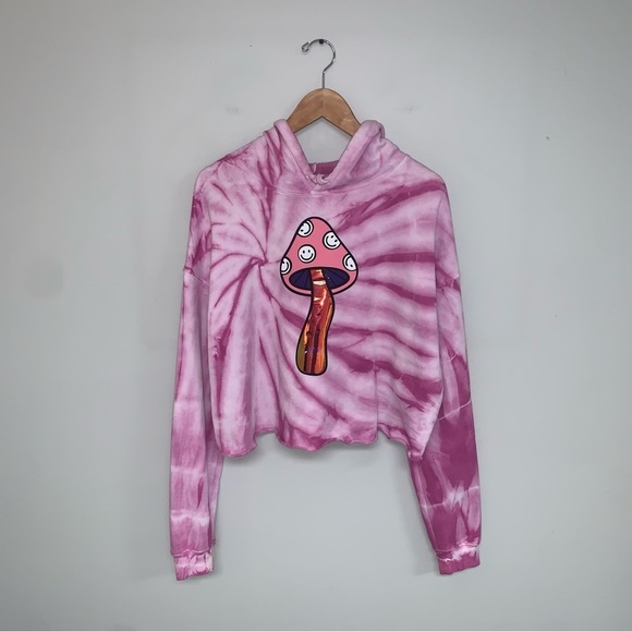 Reworked Cropped Hoodie Size  Large Pink Tie-Dye Psychedelic‎ Groovy Sweater - Picture 2 of 7